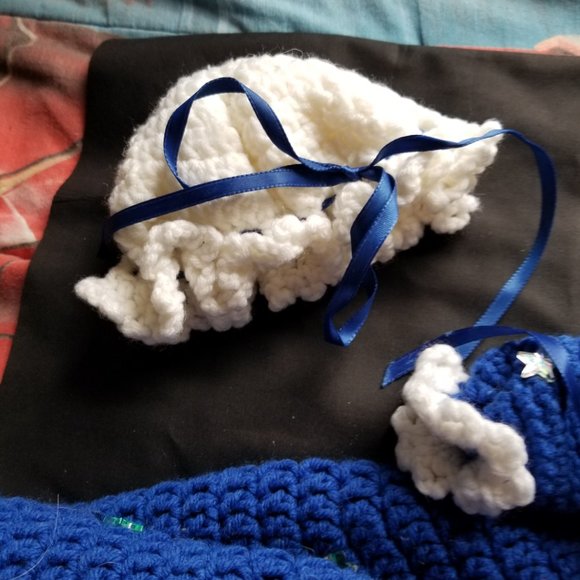 Hand Crochet Doll Dress Set, Includes: Blue and White Dress, Bloomers, Bonnet - Picture 2 of 3